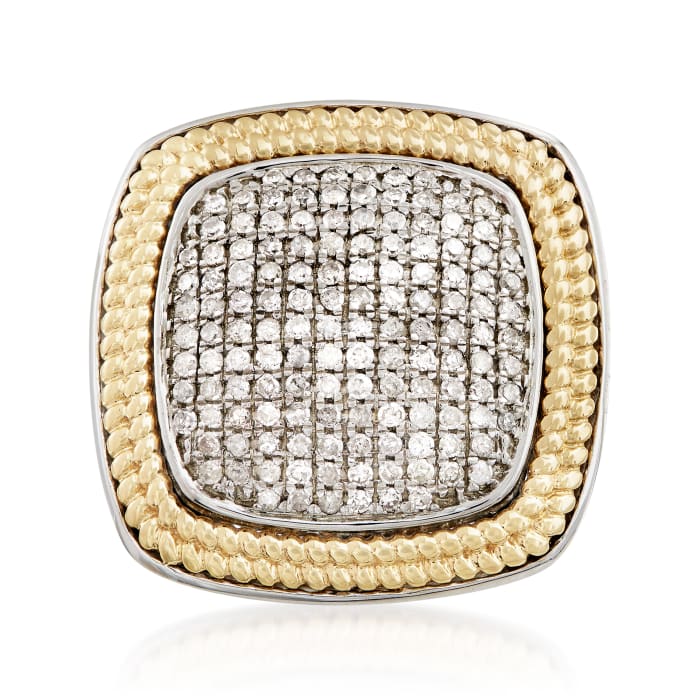 1.00 ct. t.w. Pave Diamond Square Ring with Beaded Frame in Sterling and 18kt Gold