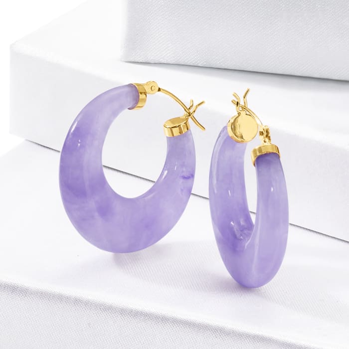 Lavender Jade Hoop Earrings with 14kt Yellow Gold. 1 1/8