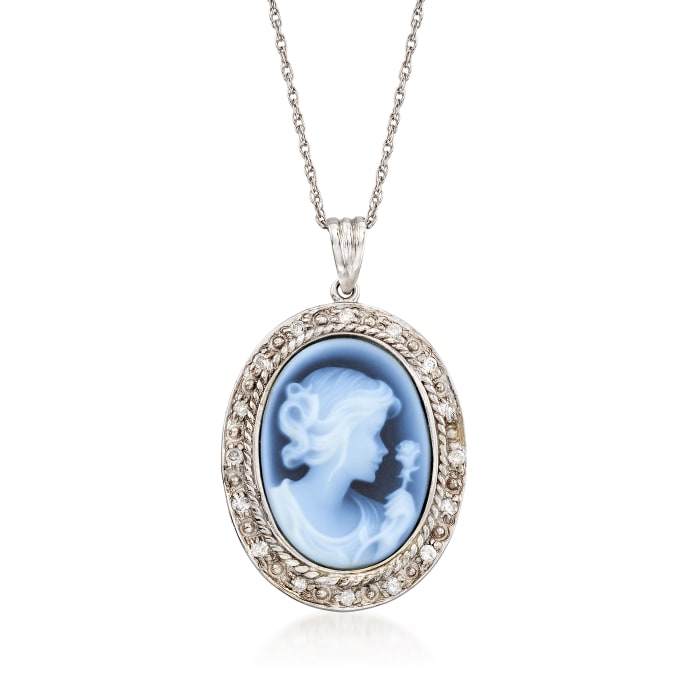 C. 2000 Vintage Carved Blue Agate and .20 ct. t.w. Diamond Pendant Necklace in 14kt White Gold