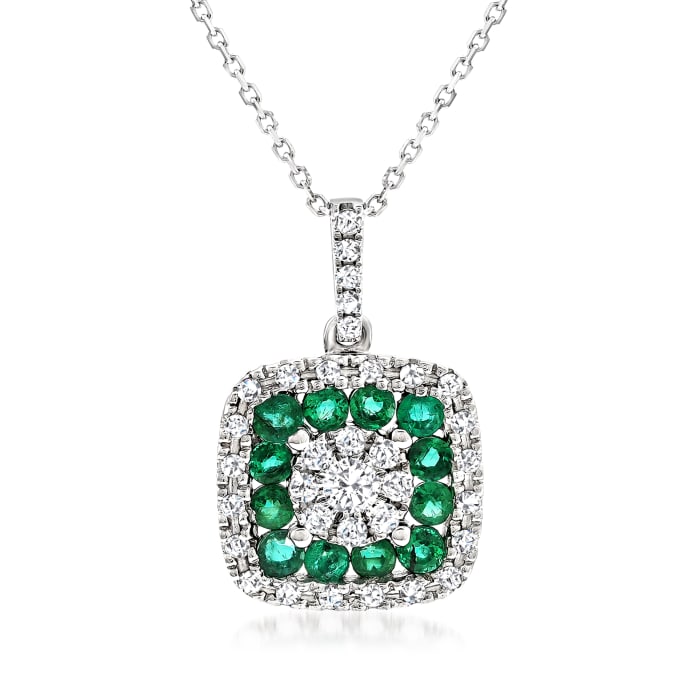 .40 ct. t.w. Emerald and .30 ct. t.w. Diamond Cluster Pendant Necklace in 14kt White Gold