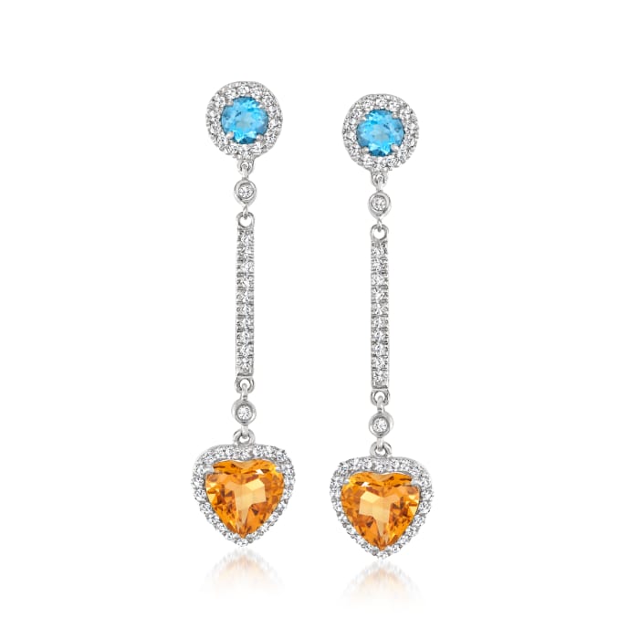 2.40 ct. t.w. Citrine and .60 ct. t.w. Swiss Blue Topaz Drop Earrings with .50 ct. t.w. Diamonds in 14kt White Gold