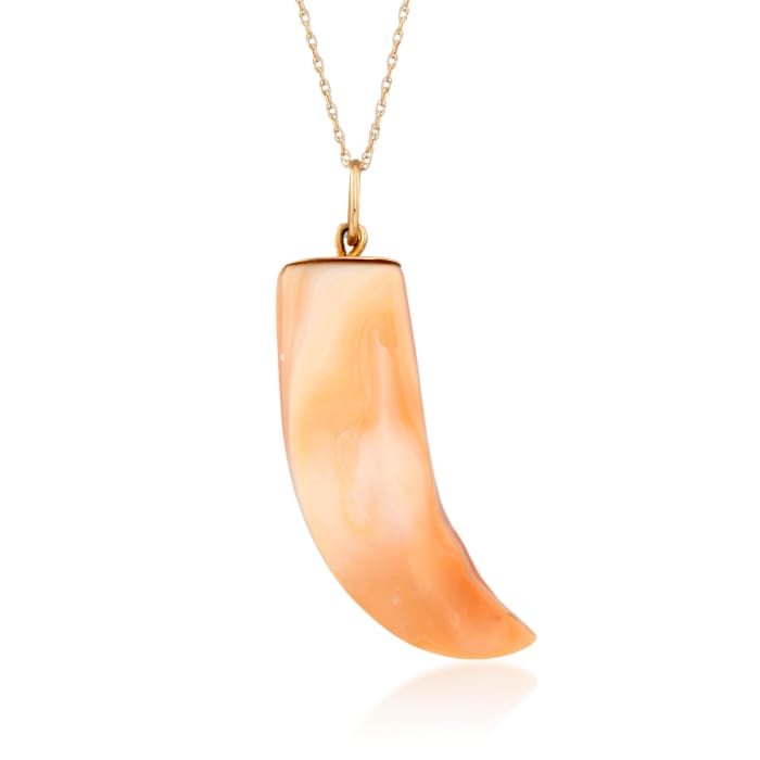 C. 1970 Vintage Pink Shell Horn Pendant Necklace in 14kt Yellow Gold