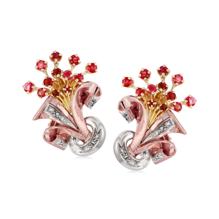 C. 1940 Vintage 1.10 ct. t.w. Ruby and .35 ct. t.w. Diamond Bouquet Clip-On Earrings in 14kt Tri-Colored Gold