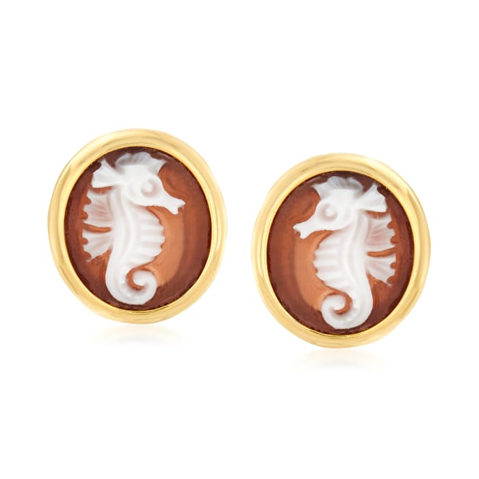 Italian Shell Seahorse Cameo Earrings in 18kt Gold Over Sterling