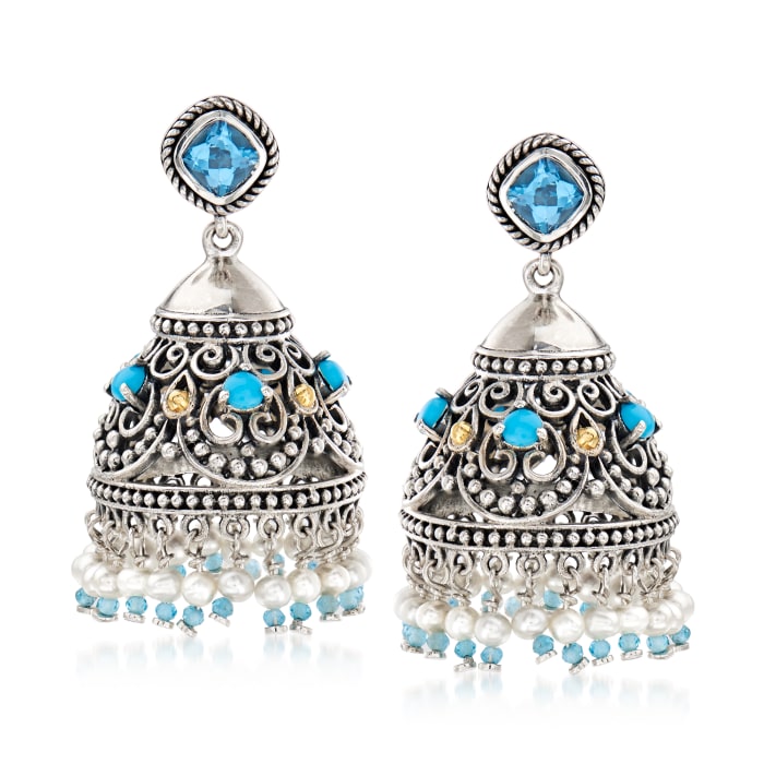 3-3.5mm Cultured Pearl and 3.70 ct. t.w. Multi-Gemstone Chandelier Earrings in Sterling Silver and 18kt Gold Over Sterling