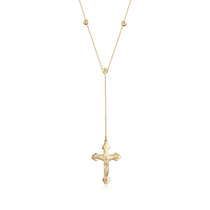 Italian 18kt Yellow Gold Cross and Station Bead Rosary-Style Necklace