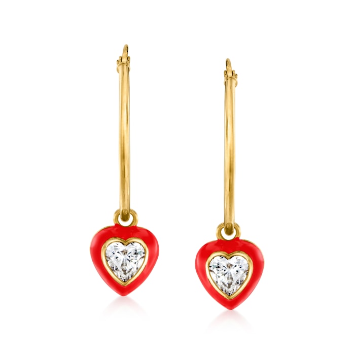 Italian 1.50 ct. t.w. CZ and Red Enamel Heart Hoop Drop Earrings in 18kt Gold Over Sterling