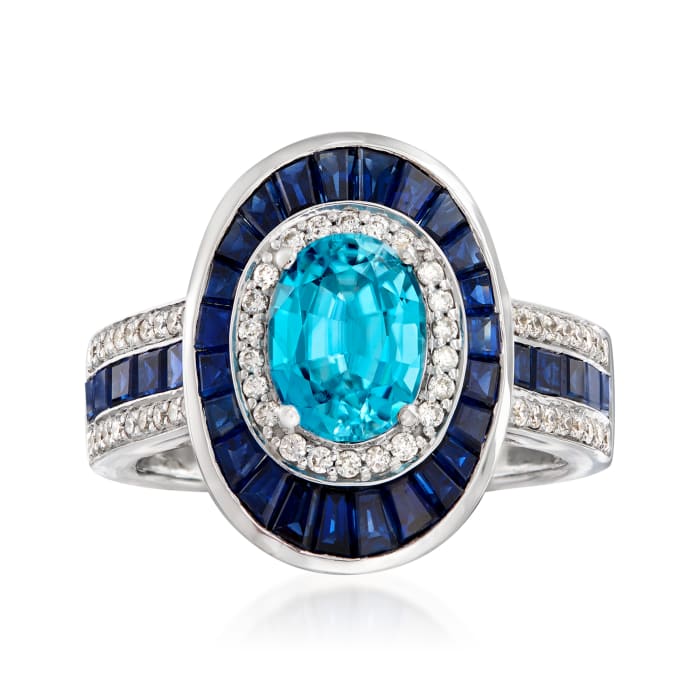 1.90 Carat Blue Zircon and 1.60 ct. t.w. Sapphire with .29 ct. t.w. Diamond Ring in 14kt White Gold