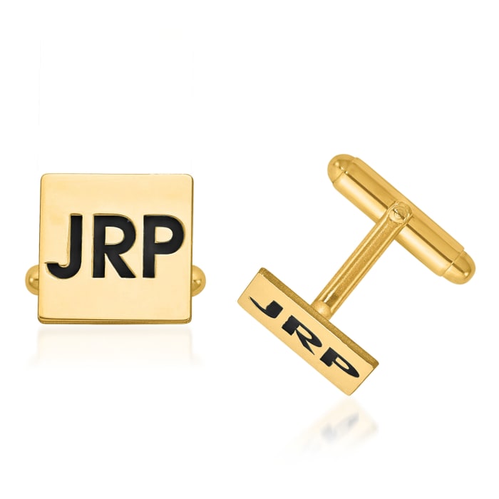 14kt Yellow Gold Square Monogram Cuff Links with Collegiate Blue Enamel