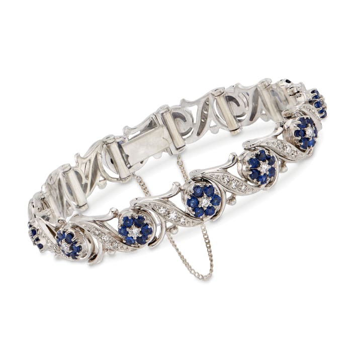 C. 1990 Vintage 2.40 ct. t.w. Sapphire and 1.00 ct. t.w. Diamond Floral Bracelet in 18kt White Gold