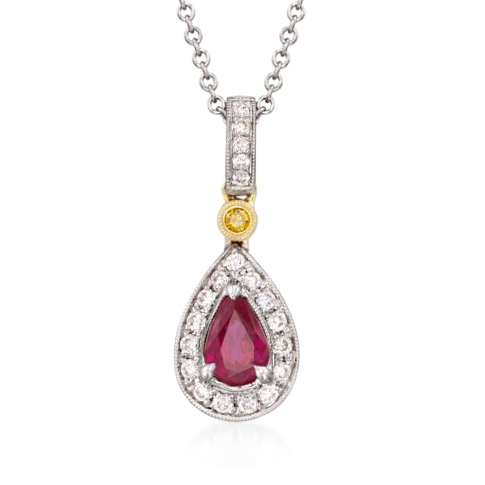 .50 Carat Ruby and .16 ct. t.w. Yellow and White Diamond Pendant Necklace in 18kt Two-Tone Gold