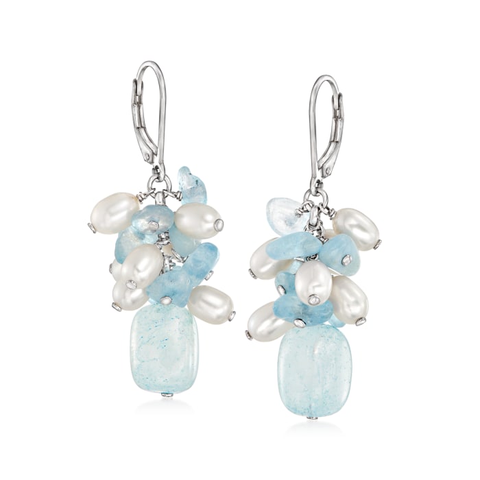31.00 ct. t.w. Aquamarine Bead and 4.5-5mm Cultured Pearl Drop Earrings in Sterling Silver
