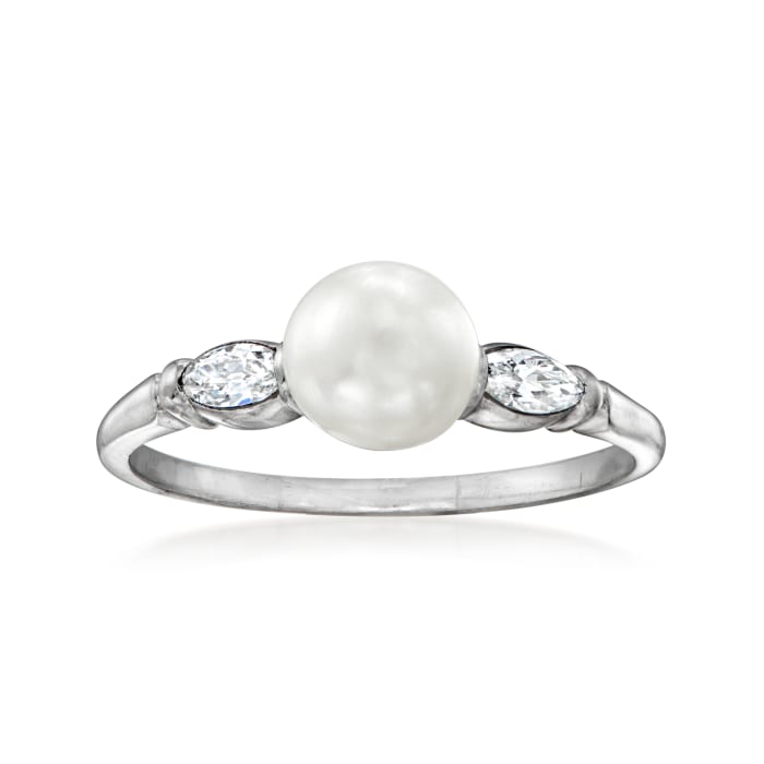 C. 1950 Vintage 6.5mm Cultured Pearl Ring with .20 ct. t.w. Diamonds in Platinum