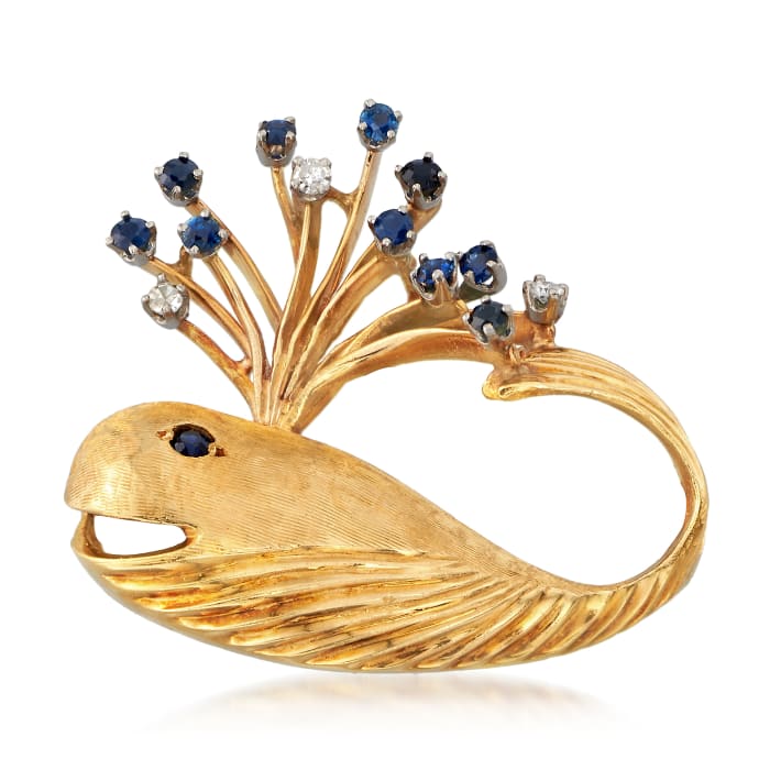 C. 1970 Vintage .50 ct. t.w. Sapphire and .10 ct. t.w. Diamond Whale Pin in 18kt Yellow Gold