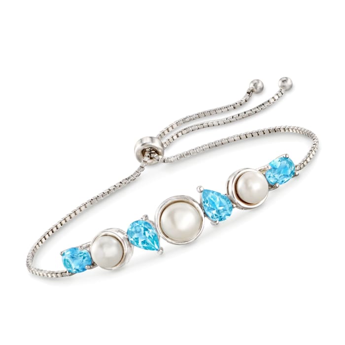 6-7.5mm Cultured Pearl and 3.60 ct. t.w. Blue Topaz Bolo Bracelet in Sterling Silver
