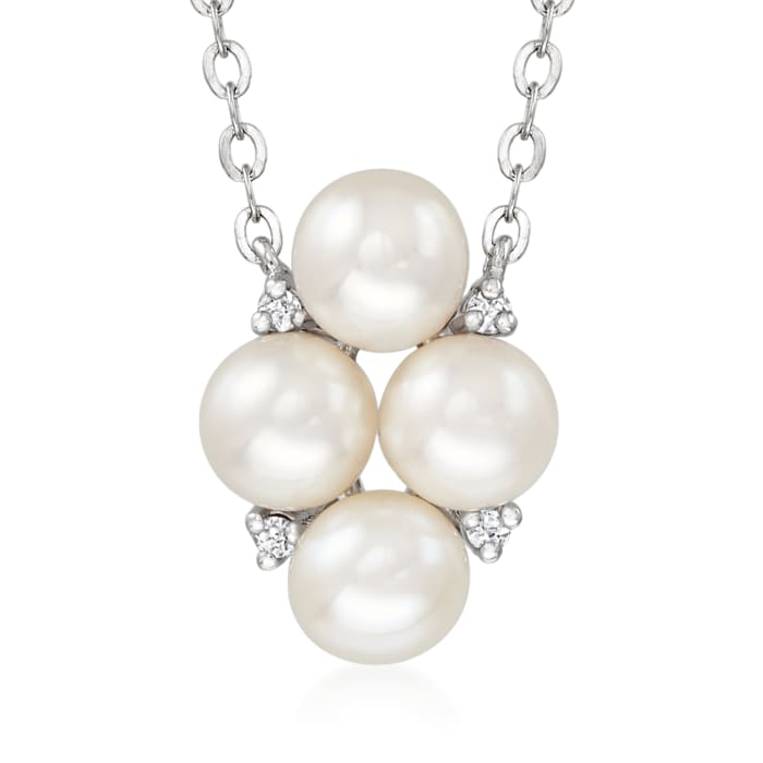 6-6.5mm Cultured Pearl Necklace with Diamond Accents in Sterling Silver