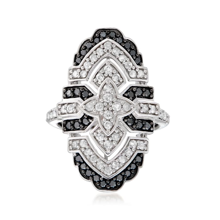 1.10 ct. t.w. Black and White Diamond Vintage-Style Ring in Sterling Silver