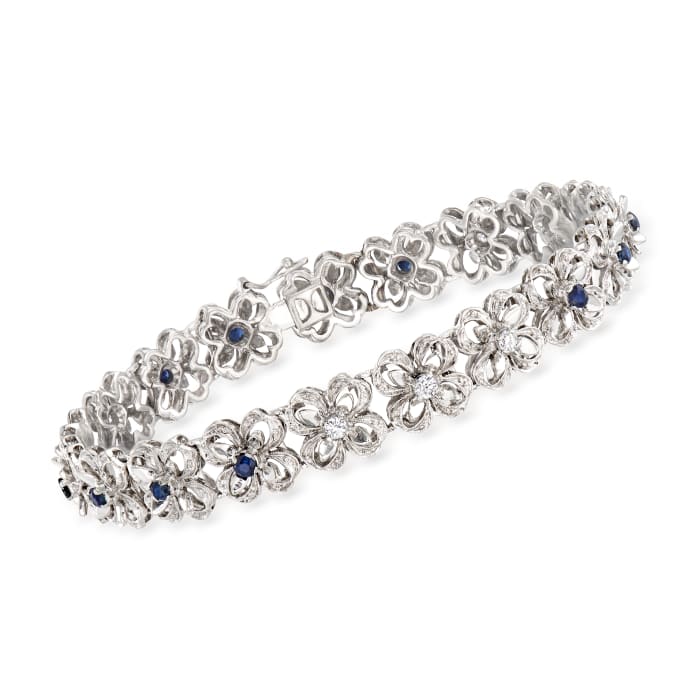 C. 1970 Vintage .80 ct. t.w. Sapphire and .55 ct. t.w. Diamond Flower Bracelet in 18kt White Gold