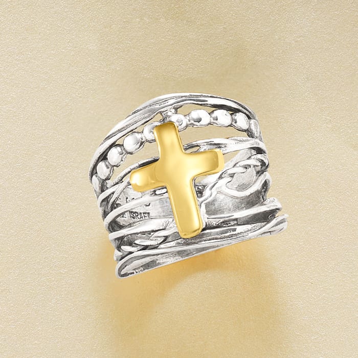 Sterling Silver and 14kt Yellow Gold Multi-Row Cross Ring | Ross-Simons