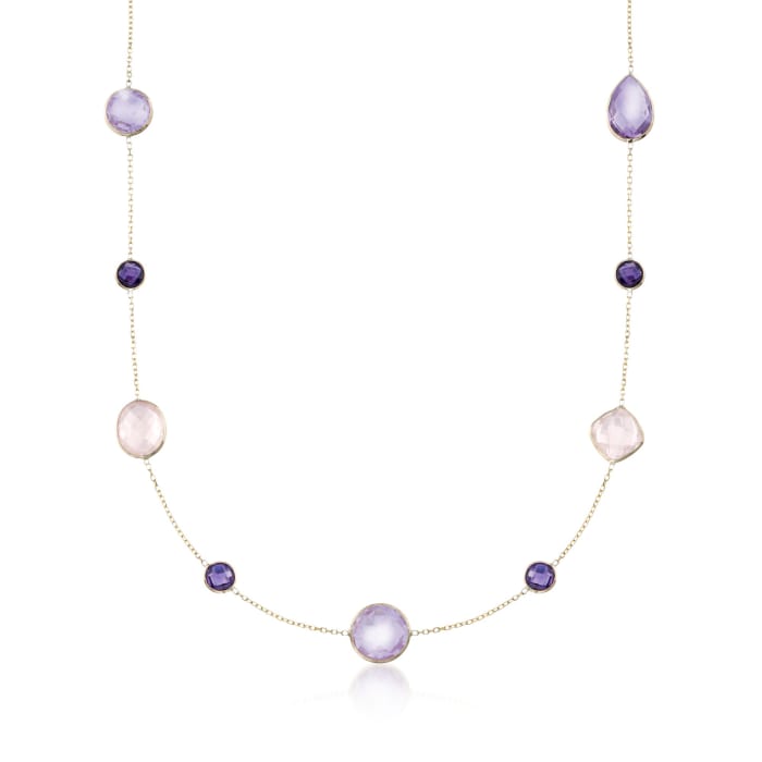 15.20 ct. t.w. Amethyst and 7.00 ct. t.w. Rose Quartz Station Necklace in 14kt Yellow Gold