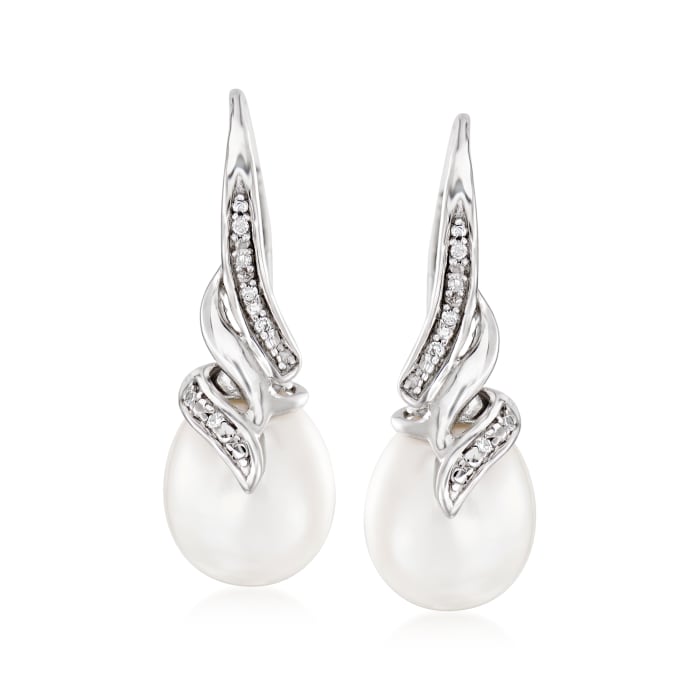 9-9.5mm Cultured Pearl Drop Earrings with Diamond Accents in Sterling Silver