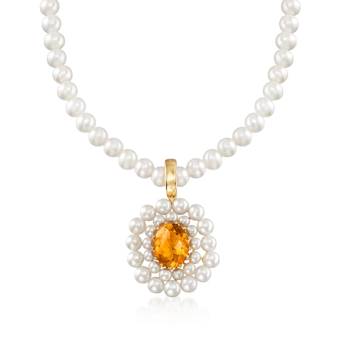 2.50 Carat Citrine and 2-5mm Cultured Pearl Necklace with 14kt Yellow Gold