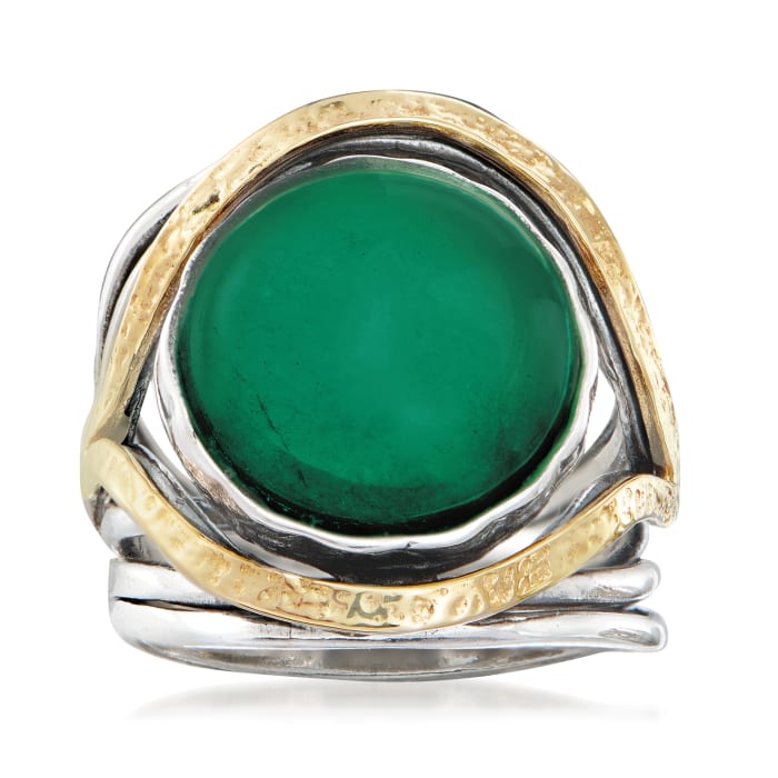Green Chalcedony Cabochon Ring in Sterling Silver with 14kt Yellow Gold