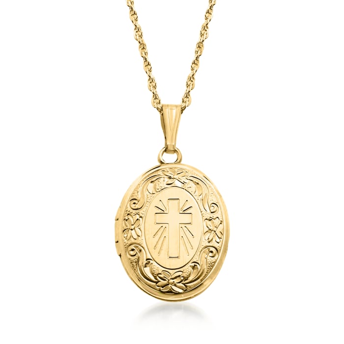 14kt Yellow Gold Engraved Oval Cross Locket Necklace