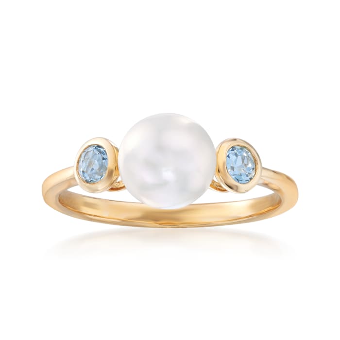 7-7.5mm Cultured Pearl and .20 ct. t.w. Blue Topaz Ring in 14kt Yellow Gold
