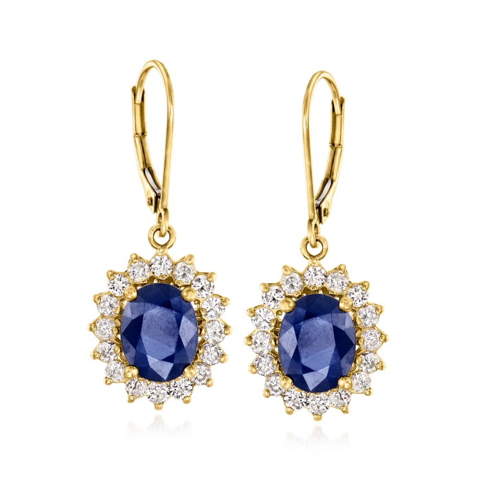 C. 1980 Vintage 4.80 ct. t.w. Sapphire and .65 ct. t.w. Diamond Drop Earrings in 14kt Yellow Gold