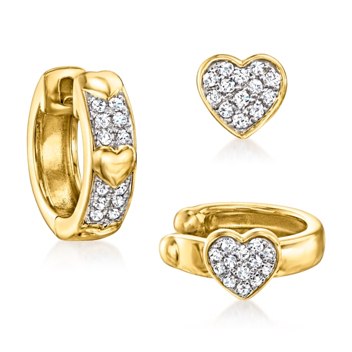 .15 ct. t.w. Diamond Jewelry Set: Three Single Cuff, Heart and Hoop Earrings in 18kt Gold Over Sterling