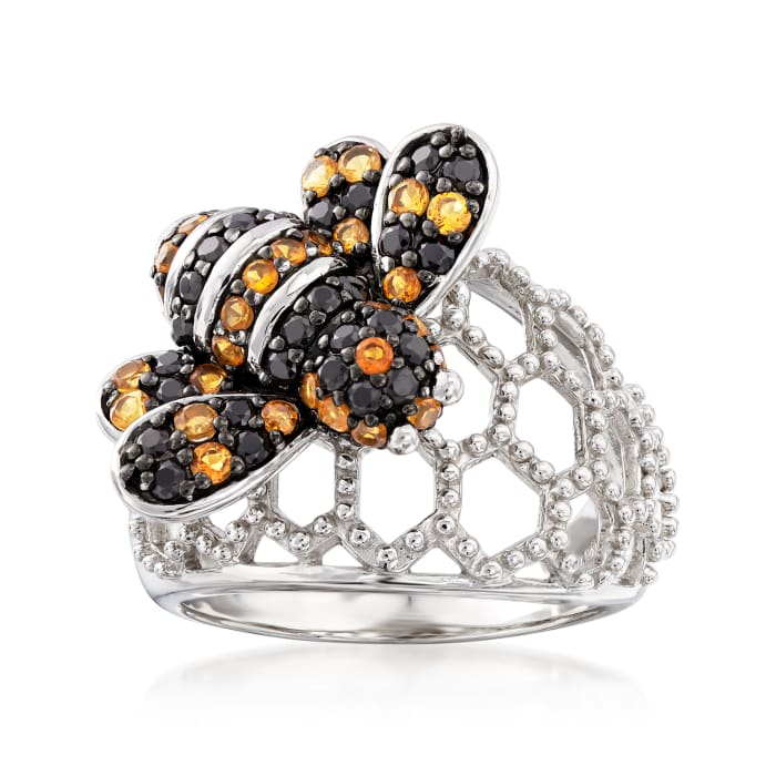 .55 ct. t.w. Black Spinel and .45 ct. t.w. Citrine Bumblebee Dome Ring in Sterling Silver