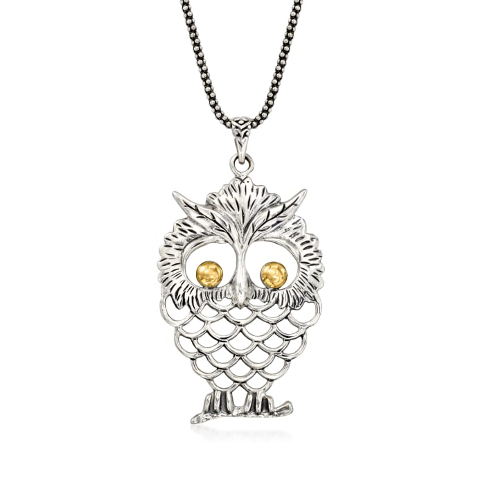 Sterling Silver and 18kt Yellow Gold Bali-Style Owl Pendant Necklace 18-inch