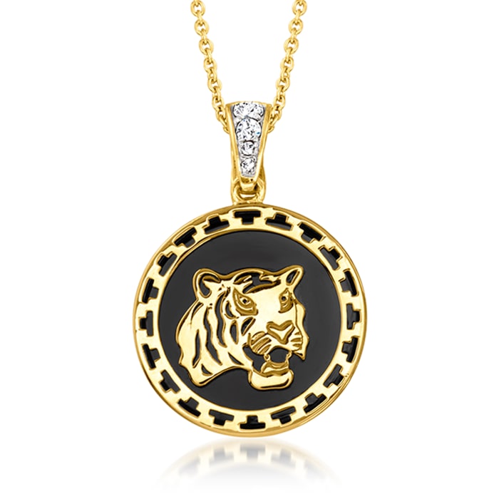 Black Agate and .50 ct. t.w. White Topaz Tiger Pendant Necklace in 18kt Gold Over Sterling