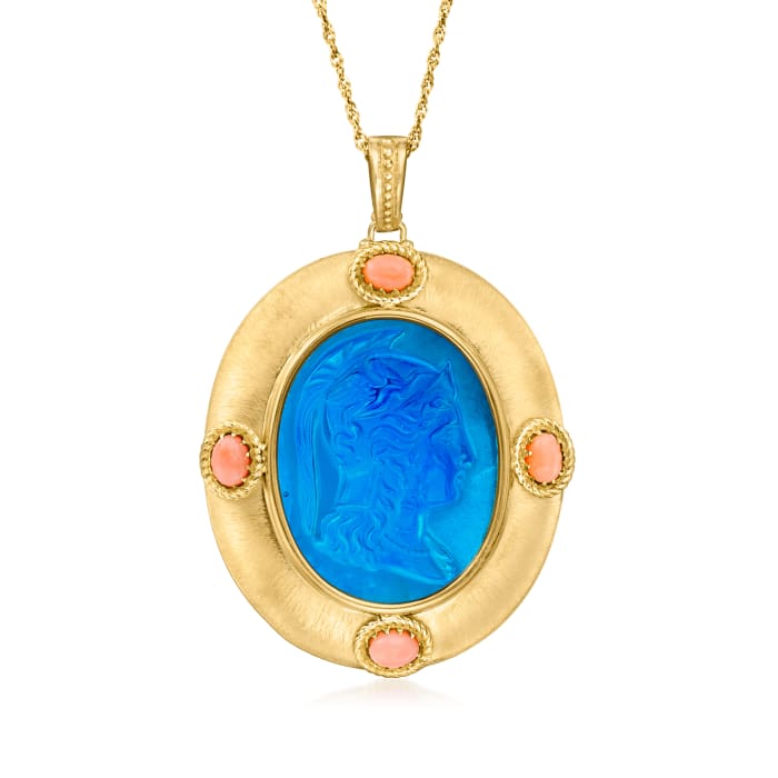 Italian Tagliamonte Blue Venetian Glass and Pink Coral Pendant in 18kt Gold Over Sterling