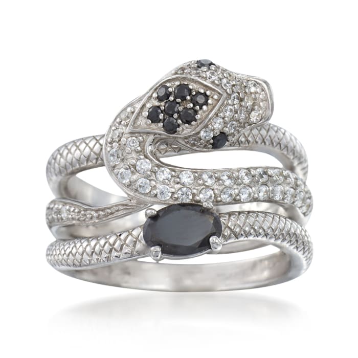 Black Agate and 3.70 ct. t.w. White Topaz Jewelry Set: Three Sterling Silver Snake Rings