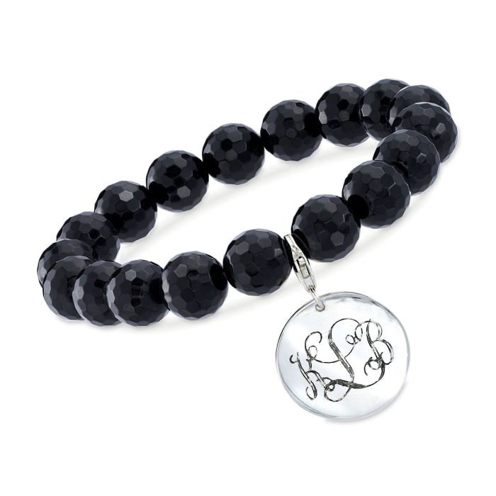 Black Onyx Bead Bracelet with Removable Sterling Silver Personalized Disc