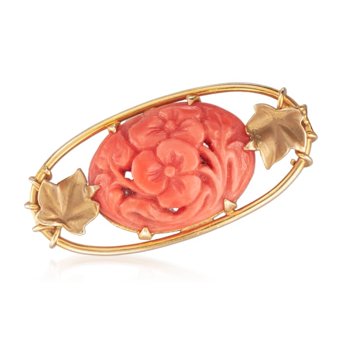 C. 1960 Vintage Coral Flower with Leaves Pin in 10kt Yellow Gold