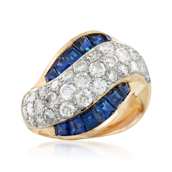 C. 1990 Vintage 2.28 ct. t.w. Diamond and 2.22 ct. t.w. Sapphire Sash Ring in 18kt Yellow Gold
