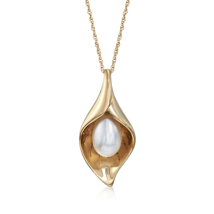 6-6.5mm Cultured Pearl Calla Lily Pendant Necklace in 14kt Yellow Gold