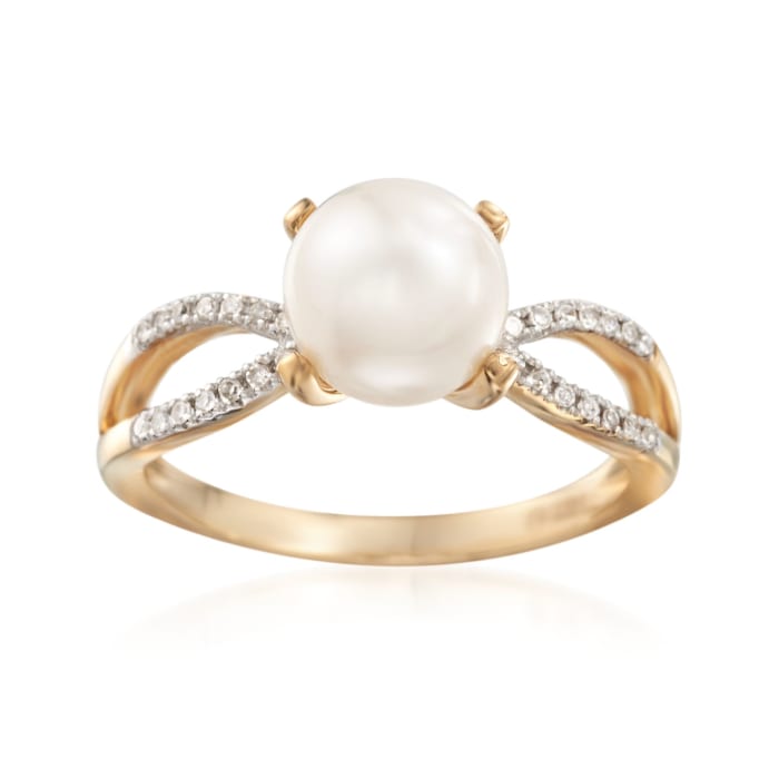 8mm Cultured Pearl and .10 ct. t.w. Diamond Ring in 14kt Yellow Gold ...