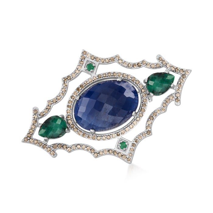 12.00 Carat Sapphire, 2.38 ct. t.w. Emerald and 1.20 ct. t.w. Champagne Diamond Pin in Sterling Silver