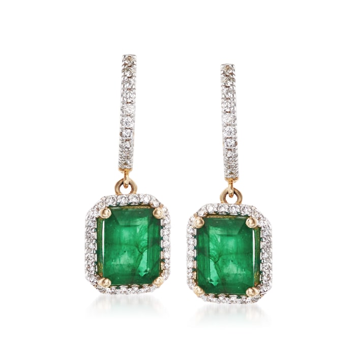 4.60 ct. t.w. Emerald and .65 ct. t.w. Diamond Drop Earrings in 14kt Yellow Gold
