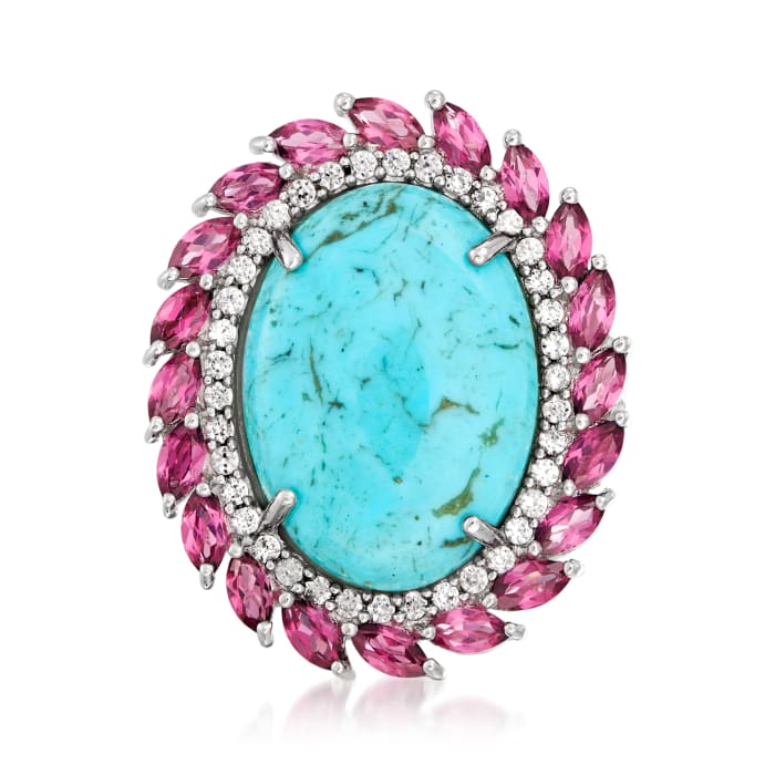 Turquoise, 2.40 ct. t.w. Rhodolite Garnet and .50 ct. t.w. White Zircon Ring in Sterling Silver