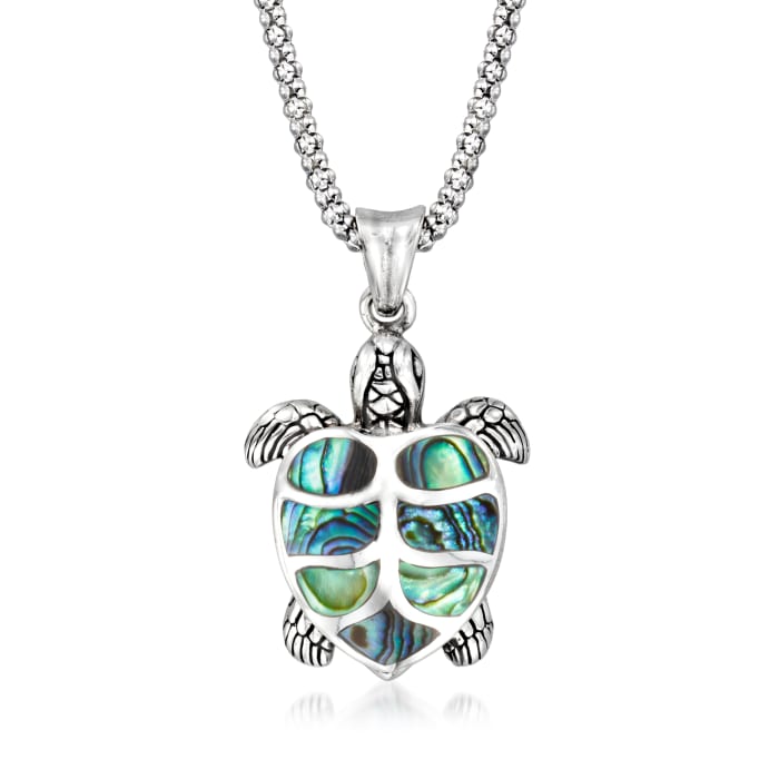 Abalone Shell Bali-Style Turtle Pendant Necklace in Sterling Silver 18-inch