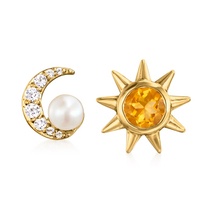 4mm Cultured Pearl and .60 ct. t.w. Multi-Gemstone Sun and Moon Mismatched Earrings in 18kt Gold Over Sterling
