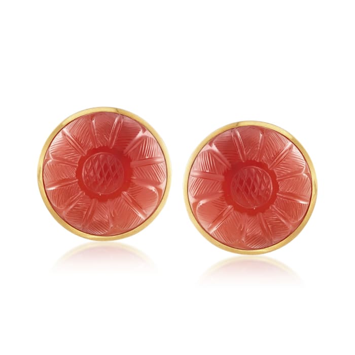 C. 1980 Vintage 20mm Carved Carnelian Floral Clip-On Earrings in 18kt Yellow Gold