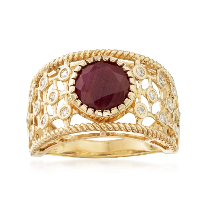 2.40 Carat Ruby and .10 ct. t.w. Diamond Scroll Ring in 14kt Yellow Gold