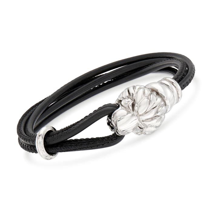 Italian Sterling Silver Lion Bracelet with Black Leather