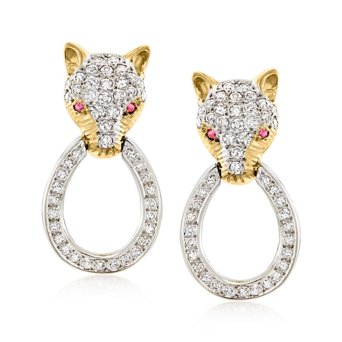 C. 1980 Vintage 1.50 ct. t.w. Diamond and .12 ct. t.w. Ruby Panther Doorknocker Earrings in 14kt Two-Tone Gold